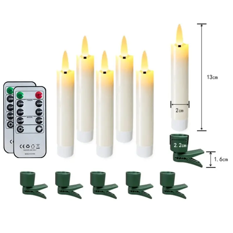 Flameless 6Pcs LED Taper Candles Light Set 3D Wick Candles Clip-On Christmas Tree With Remote Timer For Home Decor