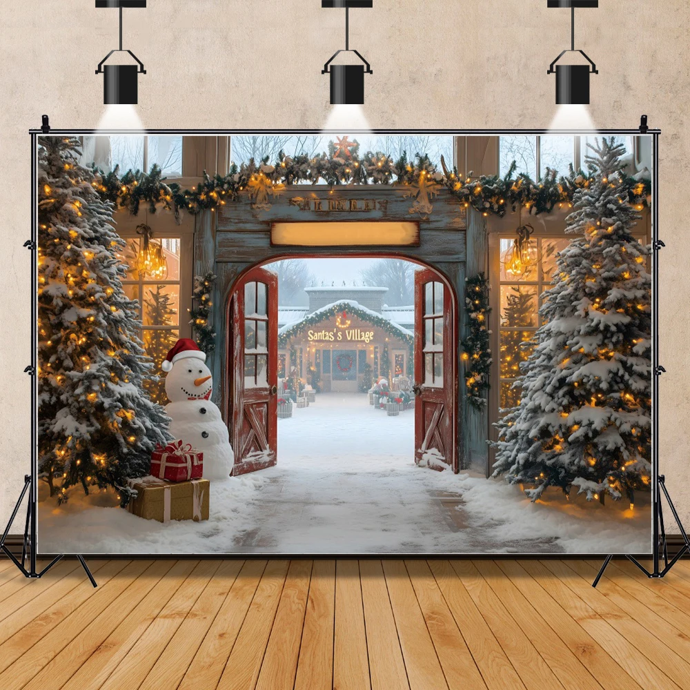 North Pole Red Wooden Door Christmas Photography Background Winter Fairytale Snowy Forest Village Snowman Elk Party Backdrop