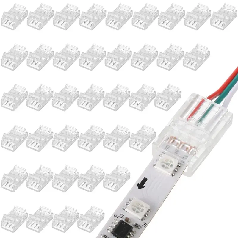 A20F-40 Pcs 3 Pin 10Mm Solderless LED Light Strip Connectors Clear Track Lighting For 5050 RGB Strip Light