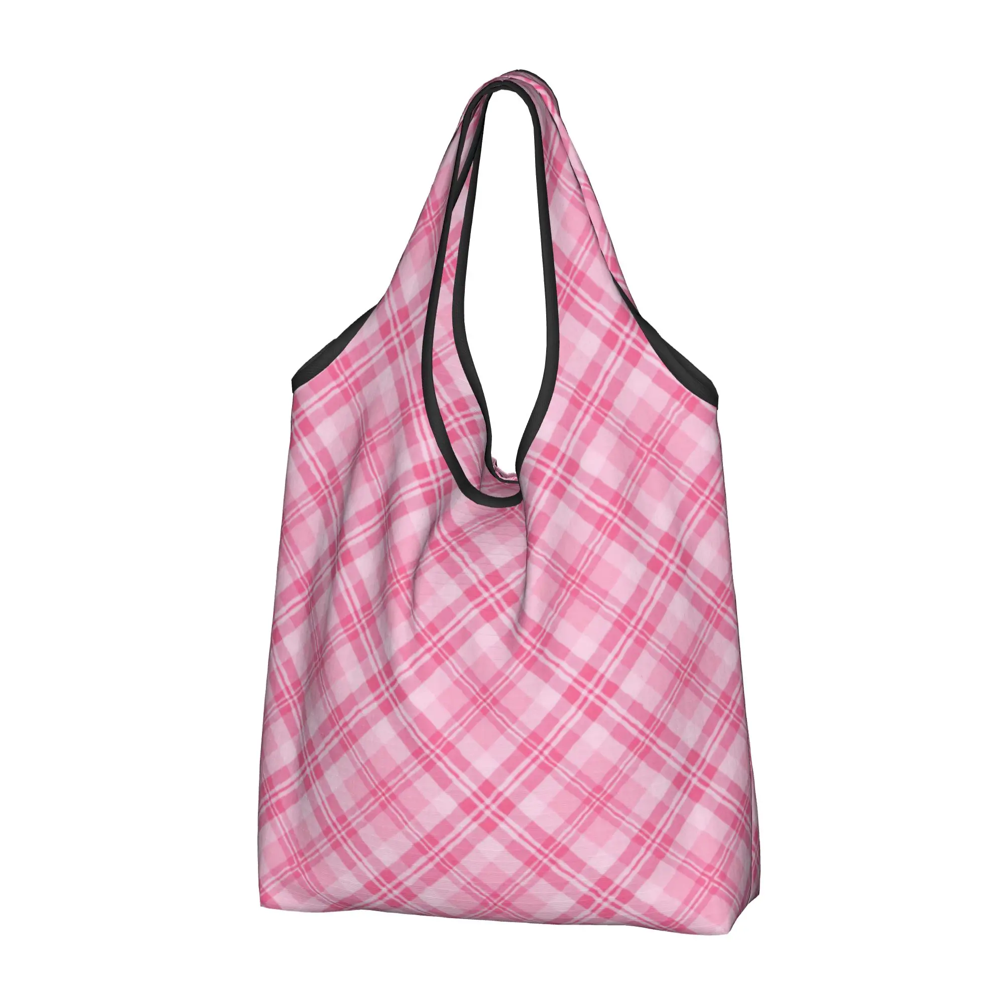 Custom Pink And White Diagonal Tartan Plaid Shopping Bag Women Portable Big Capacity Grocery  Tote Shopper Bags