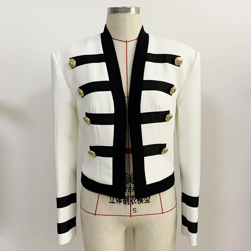 Women\'s White Black Patchwork Blazer Jacket Newest 2023 Designer Collarless Lion Buttons Female Clothing Fashion Lady Band Coats