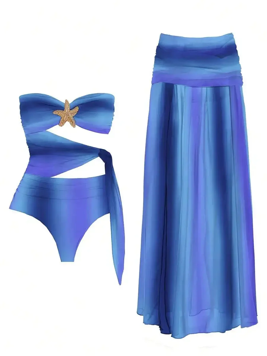 

Ombre Blue 2-Piece Bikini Set With Starfish Decor For Women Beach Swimwear