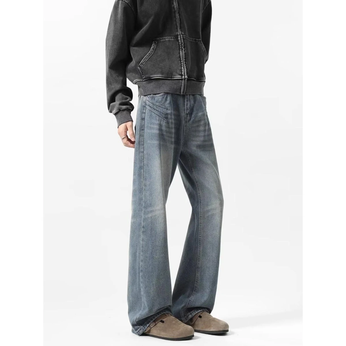 الرجعية الأمريكية Sle الرجال الجينز مستقيم الساق فضفاضة تناسب السراويل الطويلة ربيع الخريف Faionable Waed خارج ملابس غير رسمية