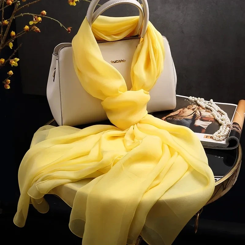 100% ผ้าพันคอผ้าไหมแท้ผู้หญิง Foulard Femme Lady ผ้าไหม Shawls Wraps สําหรับสุภาพสตรี Neckerchief ผ้าไหมชีฟองผ้าพันคอสีเหลือง