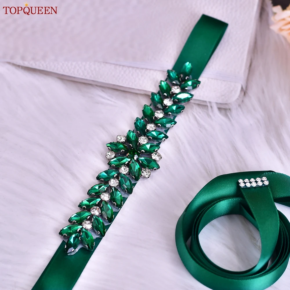 TOPQUEEN Green Belt Rhinestone Bridal Waist Evening Gown Corset Wedding Accessory Woman Waist Decoration Bridesmaid Jewelry S69