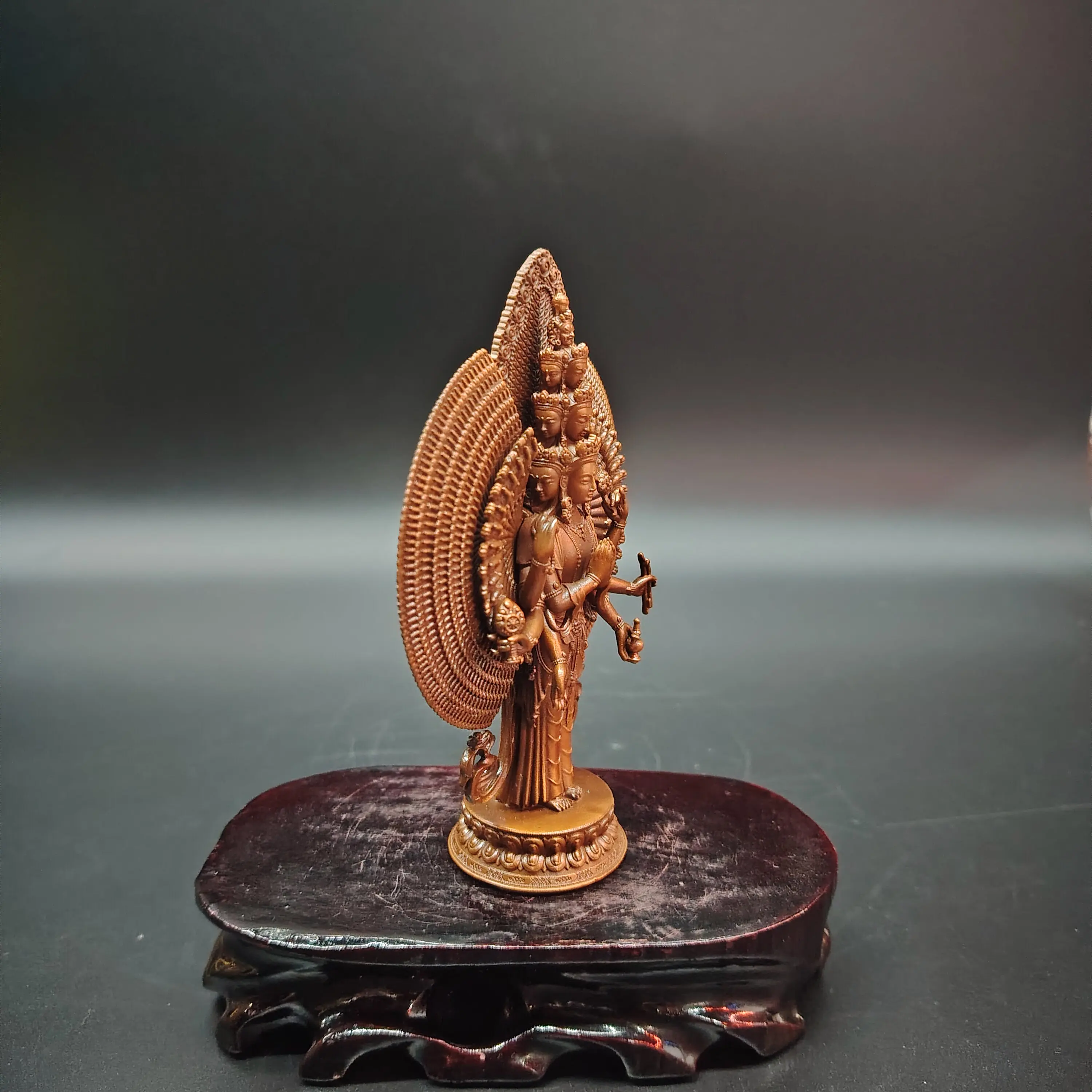 Tibetan Pure Copper Thousand-Armed Guanyin Avalokiteshvara Statue 12cm Indoor Home Desktop Altar Blessing