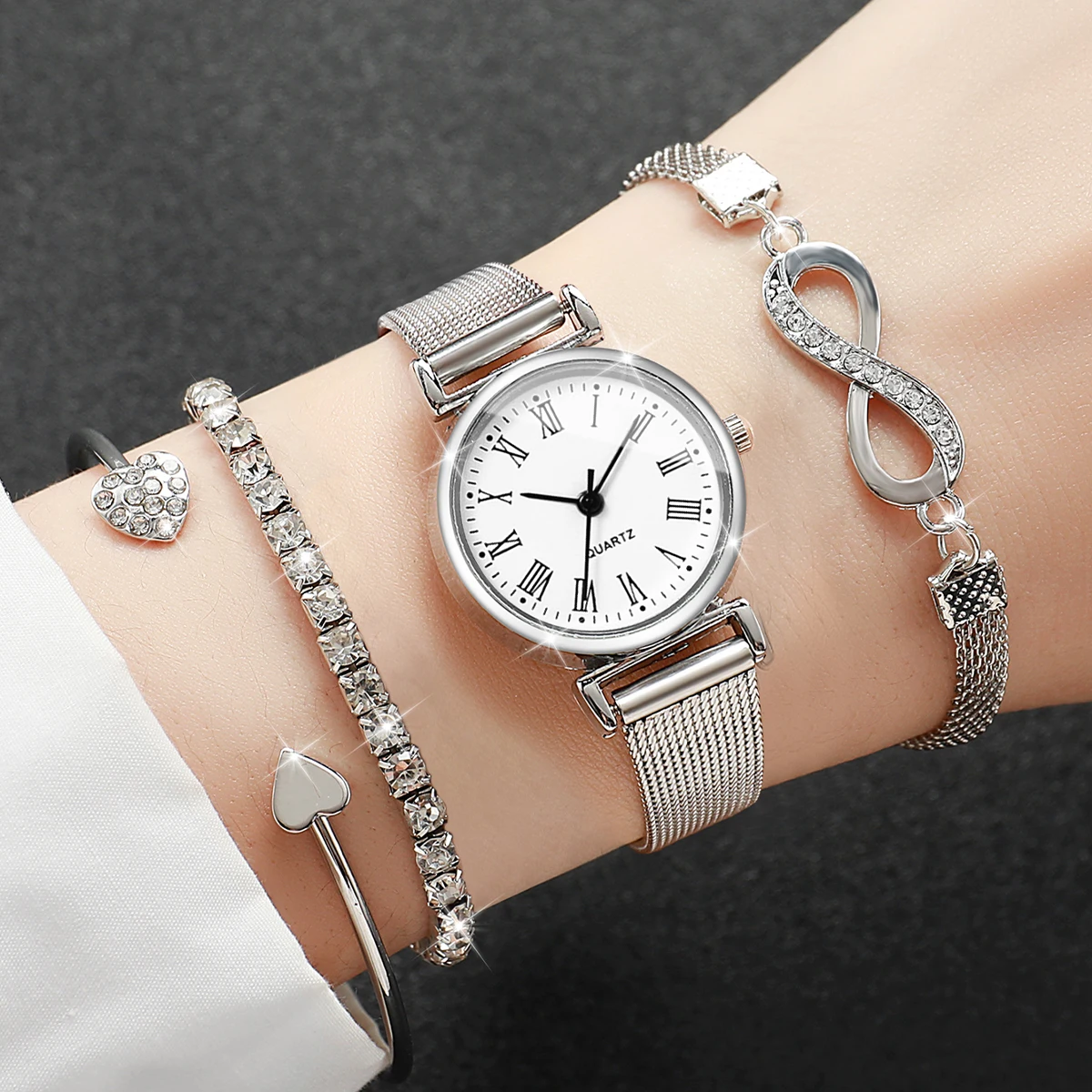 4 قطع أزياء شبكة الفرقة المرأة كوارتز ساعة اليد مع أساور الماس مجموعة Reloj Mujer الفتيات ساعة هدية (بدون صندوق) #3