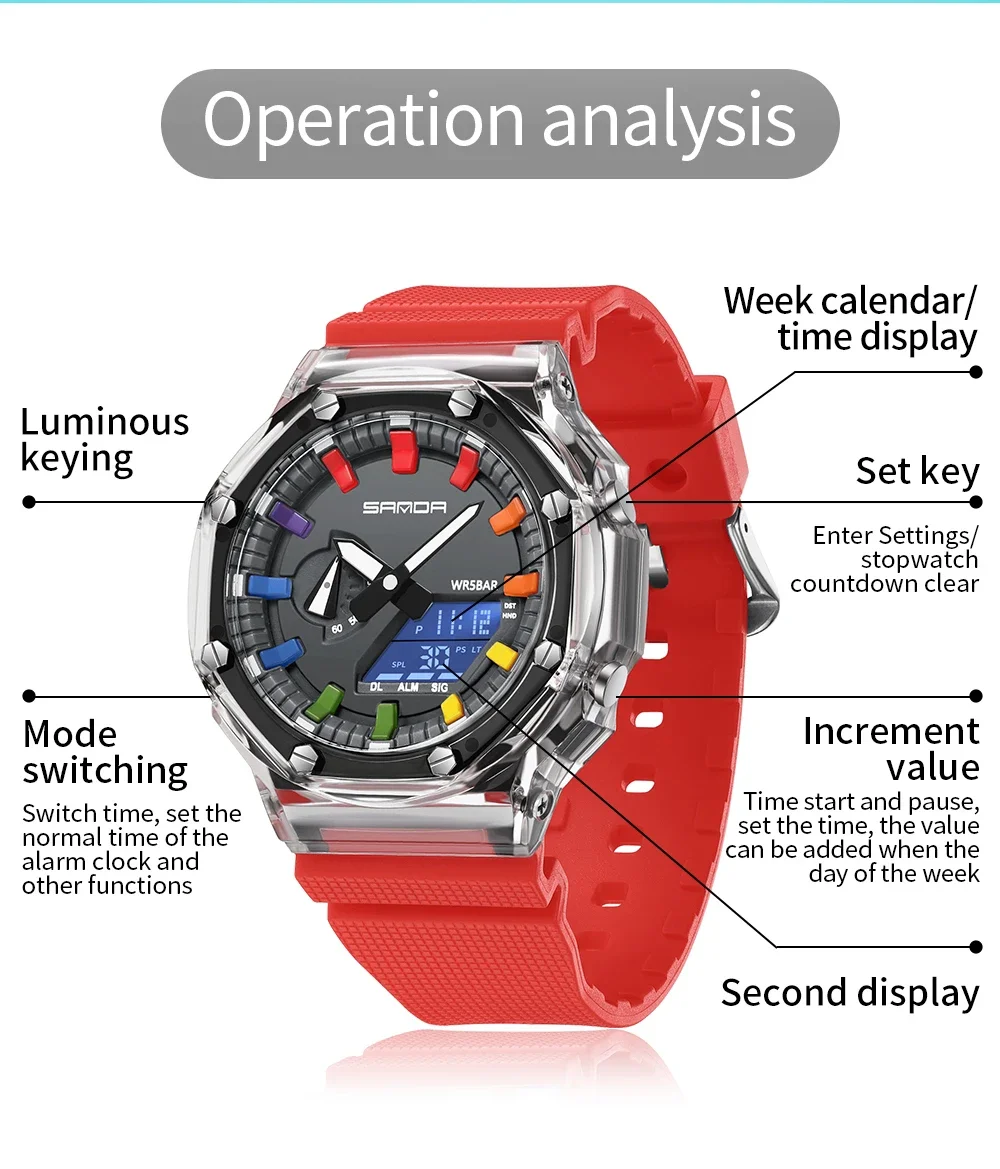 Sanda 3341 nowy przezroczysty zegarek elektroniczny wielofunkcyjny moda koreańskie zegarki męskie wodoodporny budzik reloj