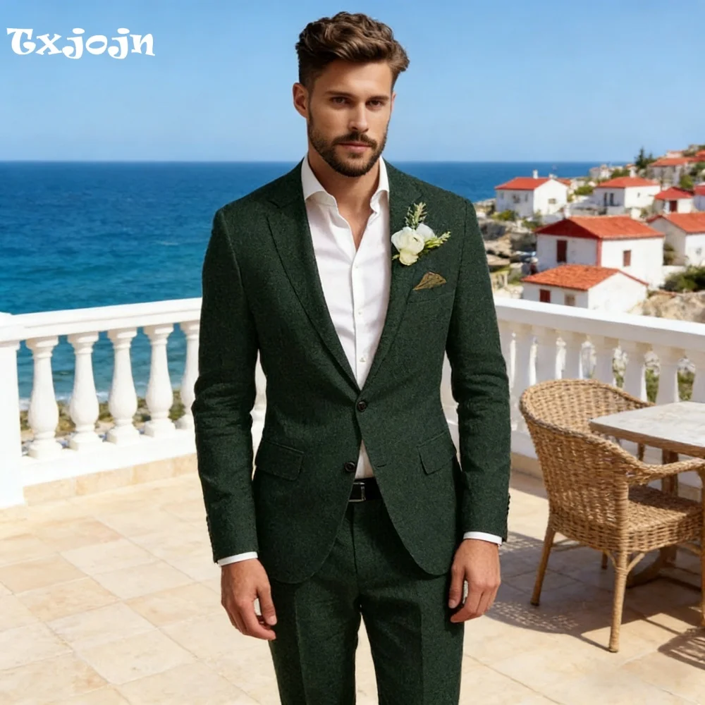 

Luxury Green Linen 2PCS Suit Peak Lapel Tailored Slim Fit Ideal for Coastal Poolside Galas Seaside Cocktails Vacation Dinners