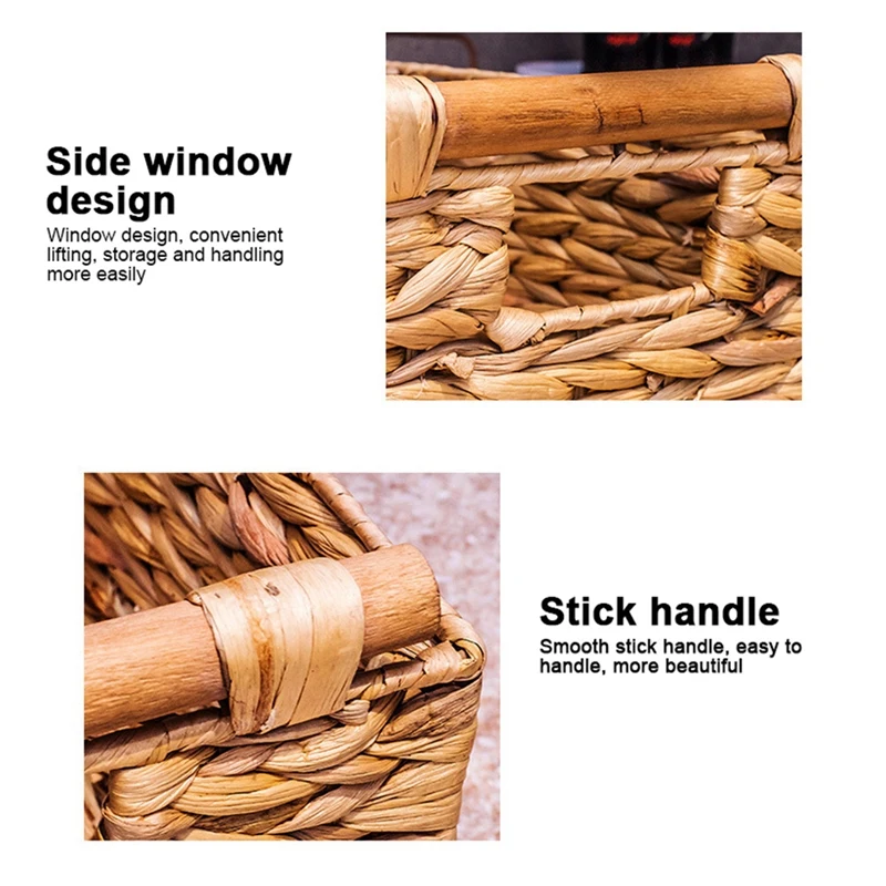 New Wicker Basket Rectangular With Wooden Handles For Shelves,Water Hyacinth Basket Storage,Natural Baskets