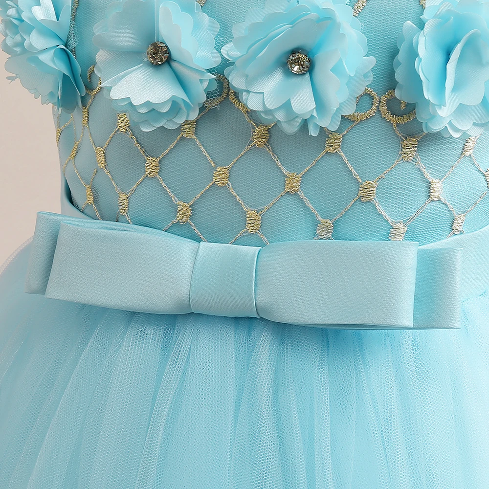 Teen Mädchen blaue Spitze Party kleider Bogen ärmellose Geburtstag Ballkleid für Kinder Mode Prinzessin Kleidung Luxus Abend Ballkleid