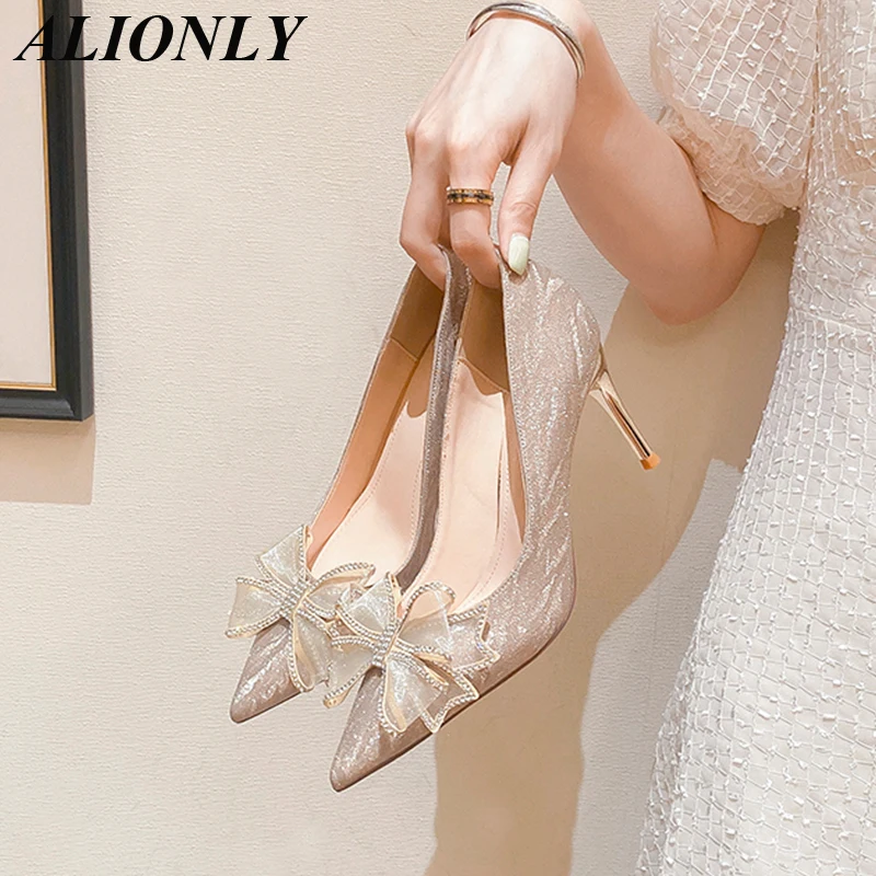

Alionly 2022 New Pointed Rhinestone Bow Sequins Stiletto High Heels Princess Style Crystal Wedding Shoes Bridal Single Shoes