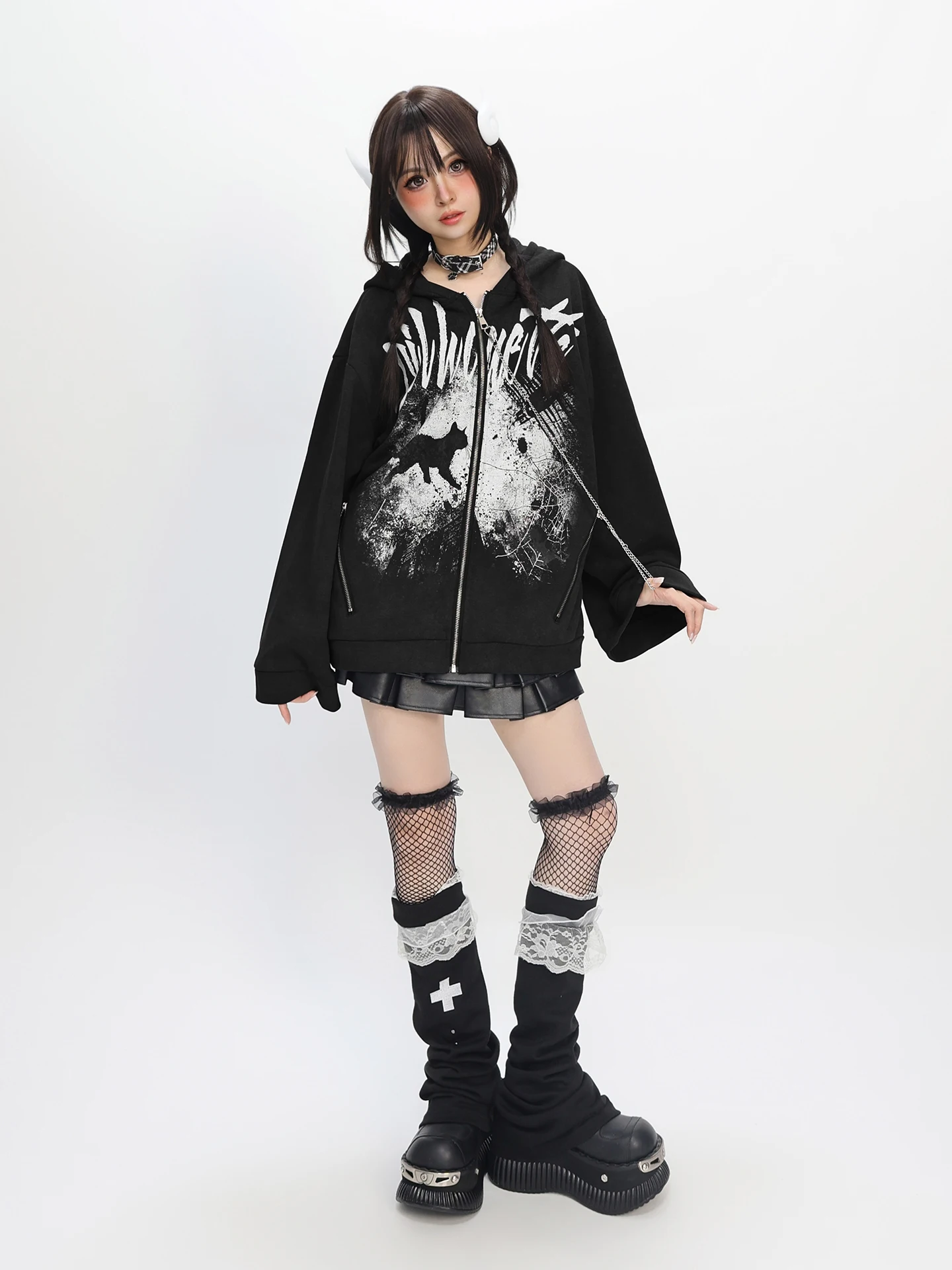 Original Japanese Style Sweet Cool Girl Y2K Hoodies Tops Loose Hooded Sweet Cool Zipper Fleeced Sweatshirts Jacket Women Autumn