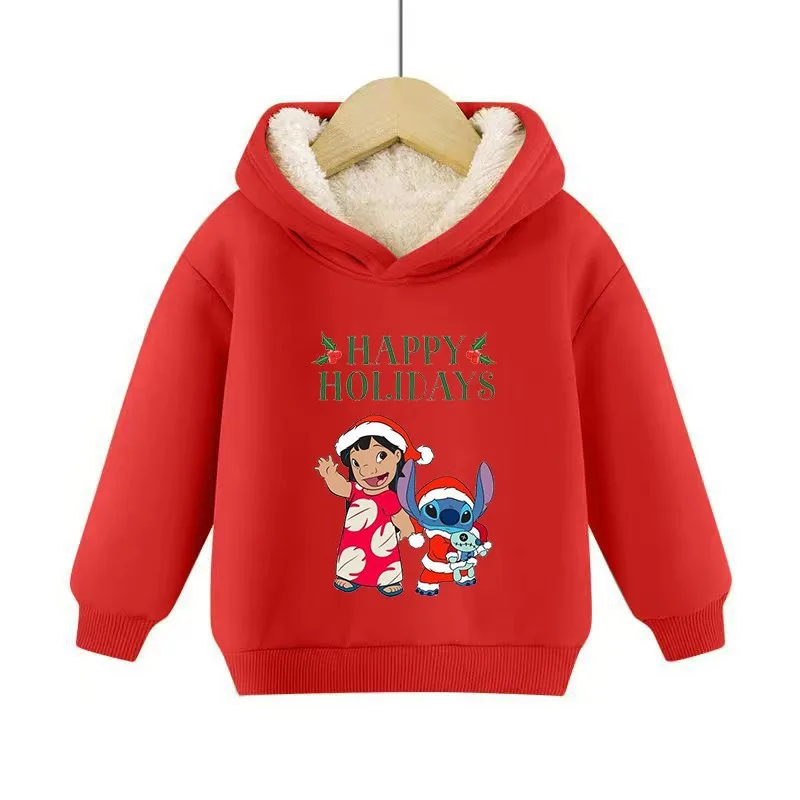 Disney Kids Sweatshirts Lilo & Stitch Cartoon Hoodie Thickened Super Warm Christmas Dress-up Red Top Boy Girl Coat Kawaii Gift