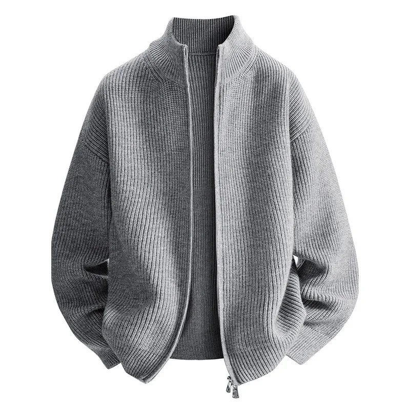

Мужской вязаный кардиган, однотонный повседневный свитер с воротником-стойкой, джемпер из высококачественного полиэфирного волокна, зимнее пальто