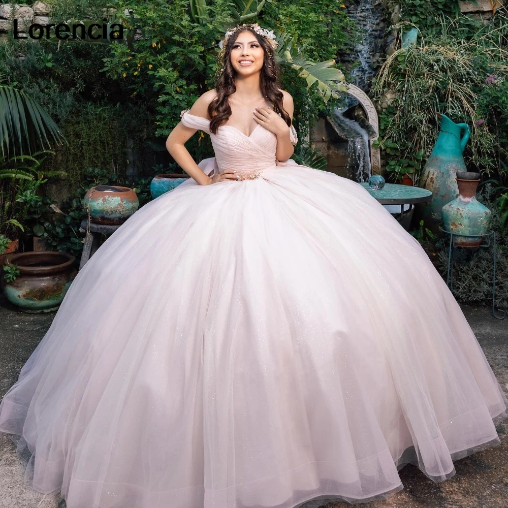 

Customized Princess Pink Quinceanera Dress Ball Gown Shiny Applique Beaded With Bow Corset Sweet 16 Vestidos De 15 Años YQD939