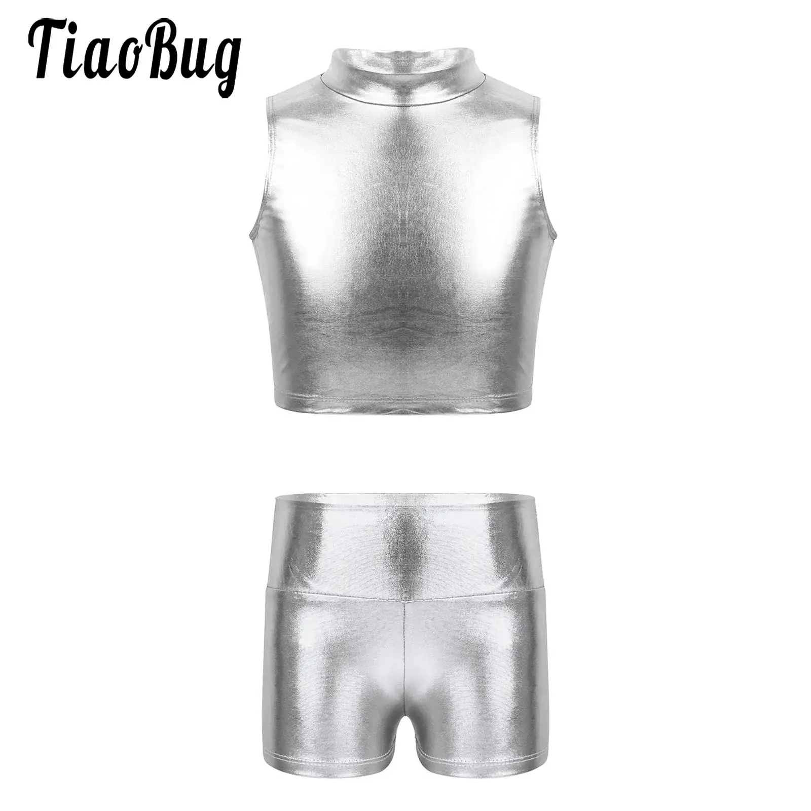 

Kids Girls Gymnastic Street Modern Dance Outfit Shiny Metallic Sleeveless Crop Top and High Waist Shorts Workout Yoga Dancewear