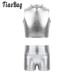 Kids Girls Gymnastic Street Modern Dance Outfit Shiny Metallic Sleeveless Crop Top and High Waist Shorts Workout Yoga Dancewear