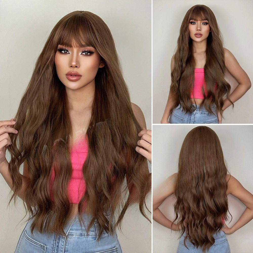 

European and American wigs female chestnut color Qi bangs long curly hair air bangs mechanism chemical fiber wig