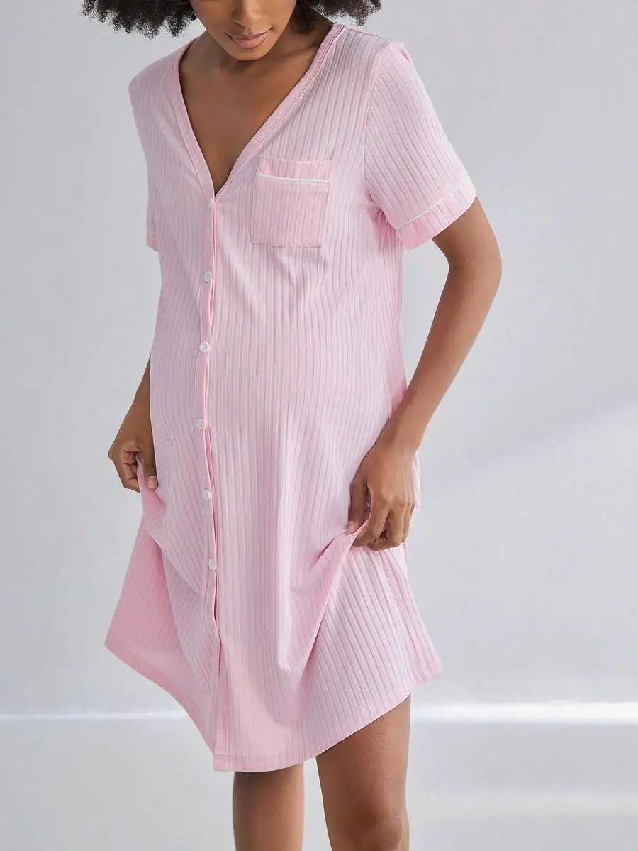 Pink Ribbed Short Sleeve Maternity Nursing Nightgown with Front Buttons