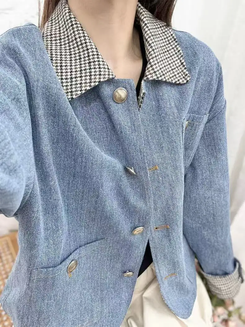 

Autumn Winter New Fashion Denim Jacket Women Plaid Rolled Sleeves Turn-Down Collar Simple Lady Single Breasted Coat with Pockets