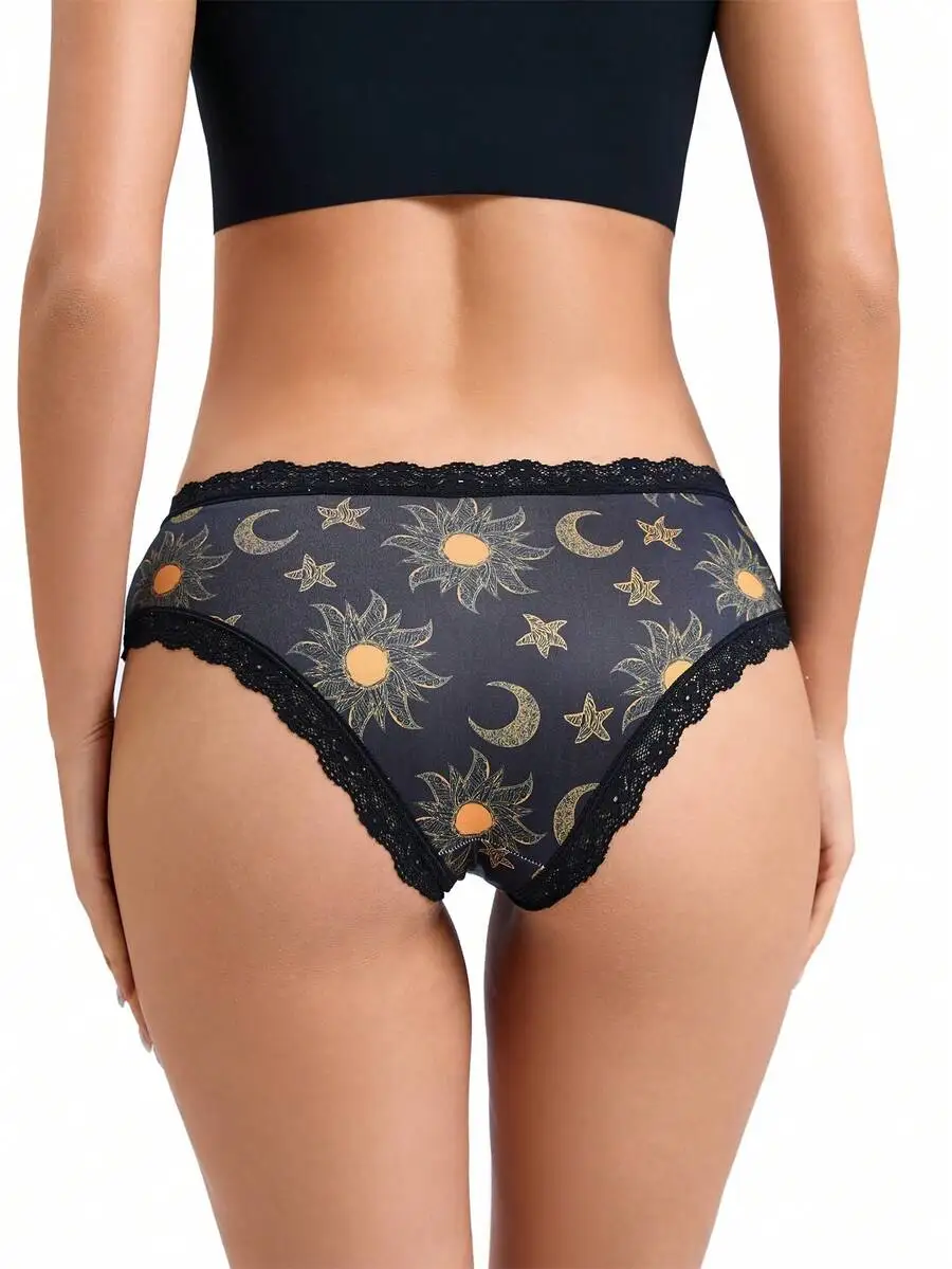 

Black Orange Sun Moon Star Print Lace Trim Hipster Briefs Women Comfortable Silky Underwear