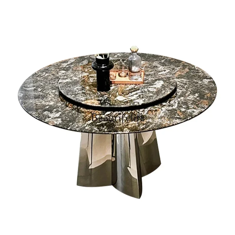 

Natural marble dining table Italian light luxury with turntable round luxury stone dining table