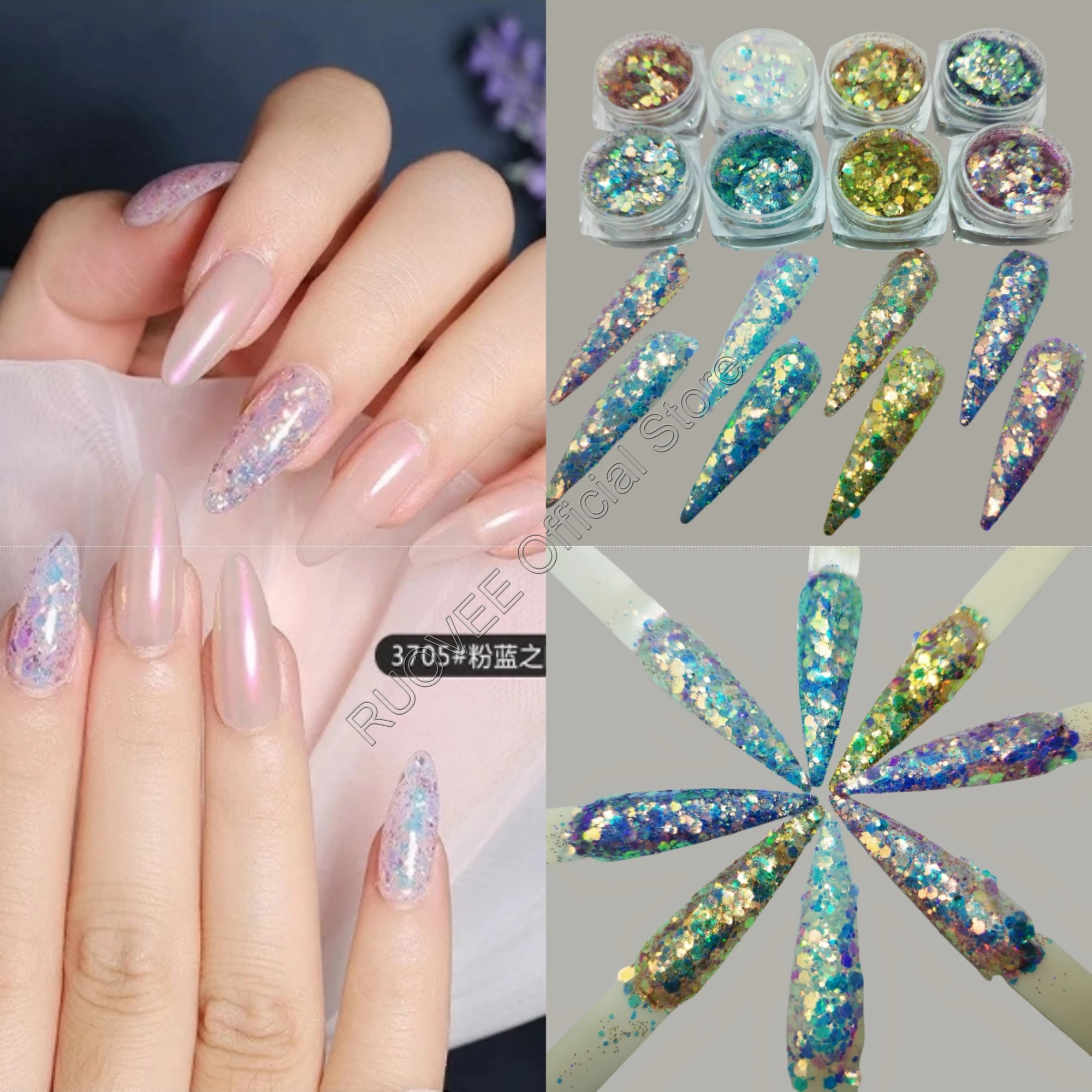 8COLOR Holographic Iridescent Mermaid Glitter Mix Hexagon Irregular Shard Sequin Shape Nail Art for Craft Deco Makeup Facepaint