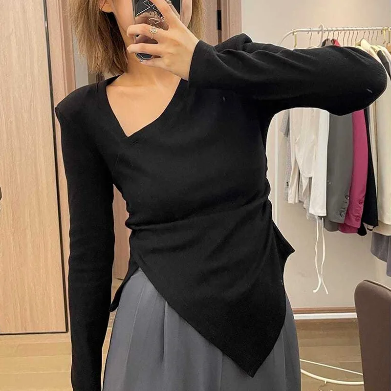 Long Sleeve T-shirts Women S-3XL Asymmetrical Collar Design Tops Spring Slim Tees Korean Style Solid Skinny Chic Teens Clothes