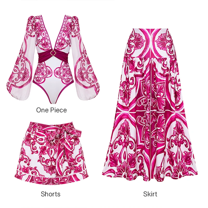 3 Pcs Baroque Scroll Print Long Puff Sleeve Deep V One Piece Swimsuit Side Tie Shorts Maxi Cover Up Skirt Beach Bathing Suit Set