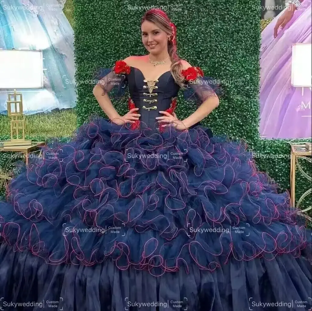 Темно-синие платья Quinceanera с открытыми плечами и аппликацией с цветами, многоуровневые бальные платья со шлейфом, Vestido de 15 Anos по индивидуальному заказу