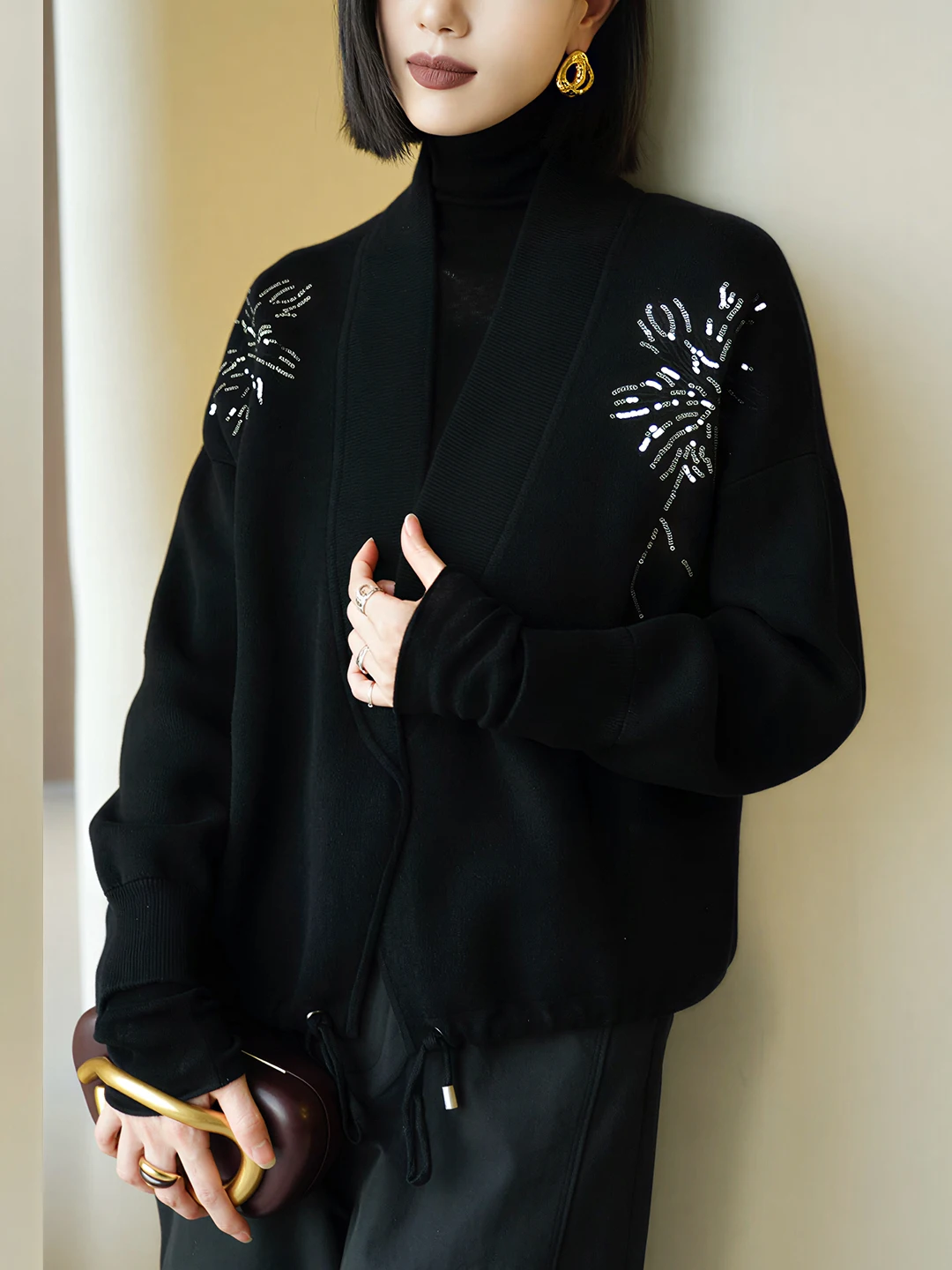 

Ele Sequin Narrow V-Ne Long Sve Knitwear Layered Women's High-End Slimming Outerwear Comfortable Korean Sle Wool B...