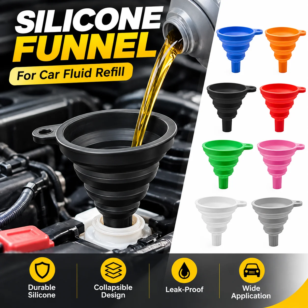 Foldable Silicone Car Engine Oil Funnel Portable Universal Liquid Transfer Tool For Auto Petrol And Washer Fluid