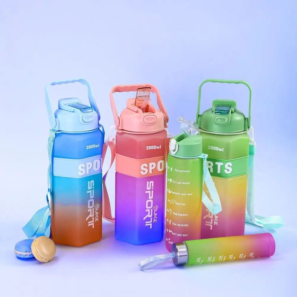 Three Piece Set Sports Water Bottle Set Hexagon Frosted Leak Proof Colorful Cup with Straw Gradient Color Fitness Sports Kettle