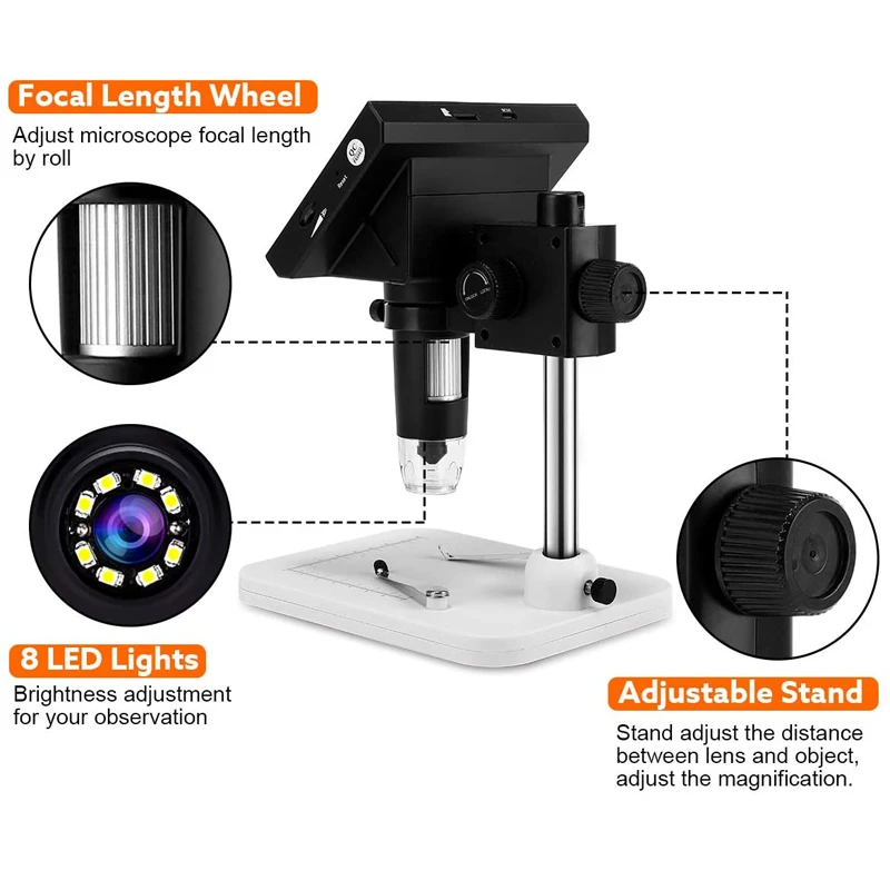 Microscope numérique 1000X, 4.3 en effet, grossissement USB, caméra électronique HD 1080P avec 8 LED pour réparation de téléphone, soudure