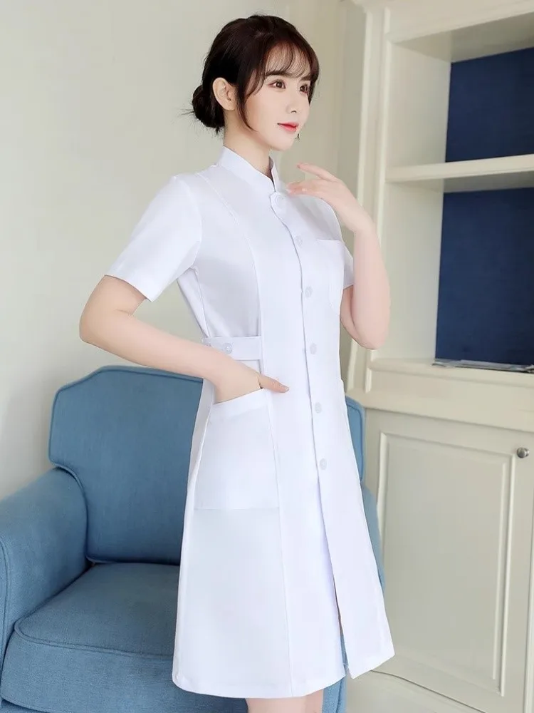 Uniforme de enfermeira branco para mulheres, jaleco de laboratório, terno profissional de enfermagem, roupa de trabalho de mangas compridas, vestido médico cor sólida