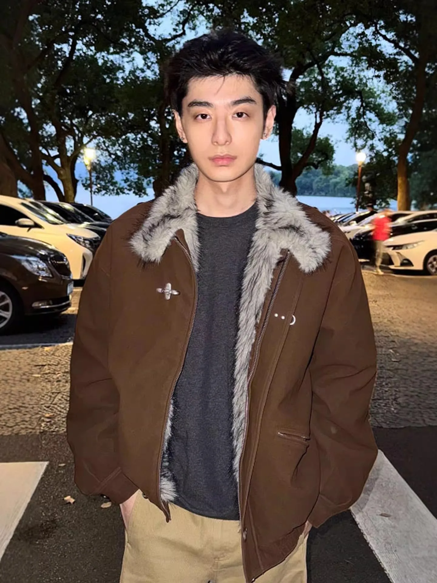 

Cool Metal Plane Bule Thiened Cotton Jaet for Men Autumn Winter Warm Sli Straight Hemline Long Sve Zipper Closure