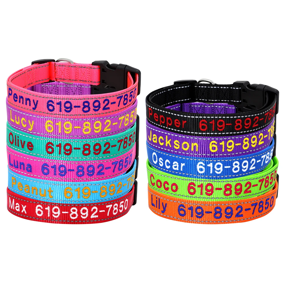 Personalisierte bestickte Hundehalsbänder aus Nylon, individuelles Welpen-ID-Namenhalsband für kleine, mittelgroße und große Hunde, verstellbares Haustierhalsband – Detail 1