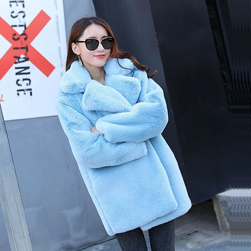 Autumn Winter Women Faux Rabbit Fur Coat Loose Casual Lapel Long Sleeve Thick Warm Female Imitation Fur Jacket Casacos Feminino