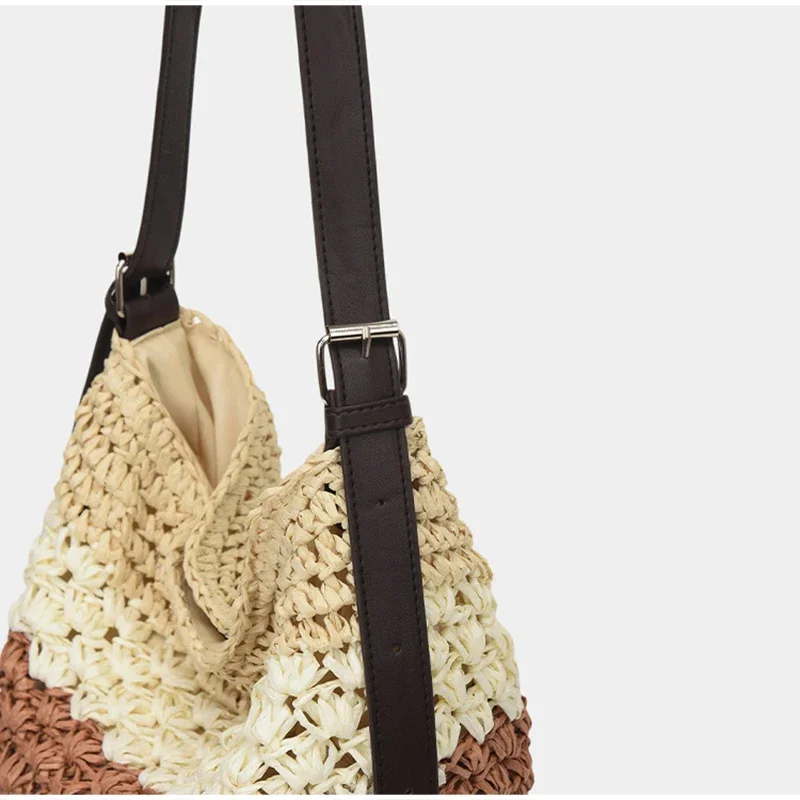 Gestreifte Colorblock-Strohtasche zum Umhängen, handgefertigte Bucket Bag für den Strandurlaub, Damen Sommer Casual Handtasche mit Farbkontrast – Detail 3