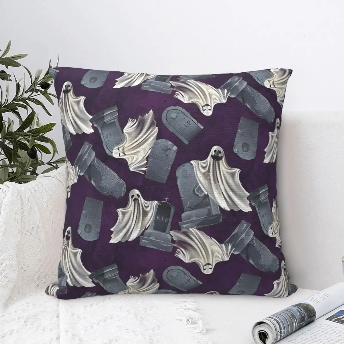 

Pillow Cover Ghostly Graveyard Purple Halloween Cushion Cover Retro Trendy Pillow Case For Sofa Car Home Decor Pillowcases