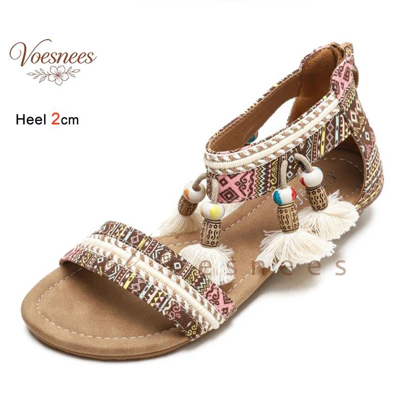

2026 Retro Bohemian Tassel Beaded Women Sandals Low Wedge Heels Ethnic Geometric Print Canvas Ankle Strap Zip Summer Beach Shoes