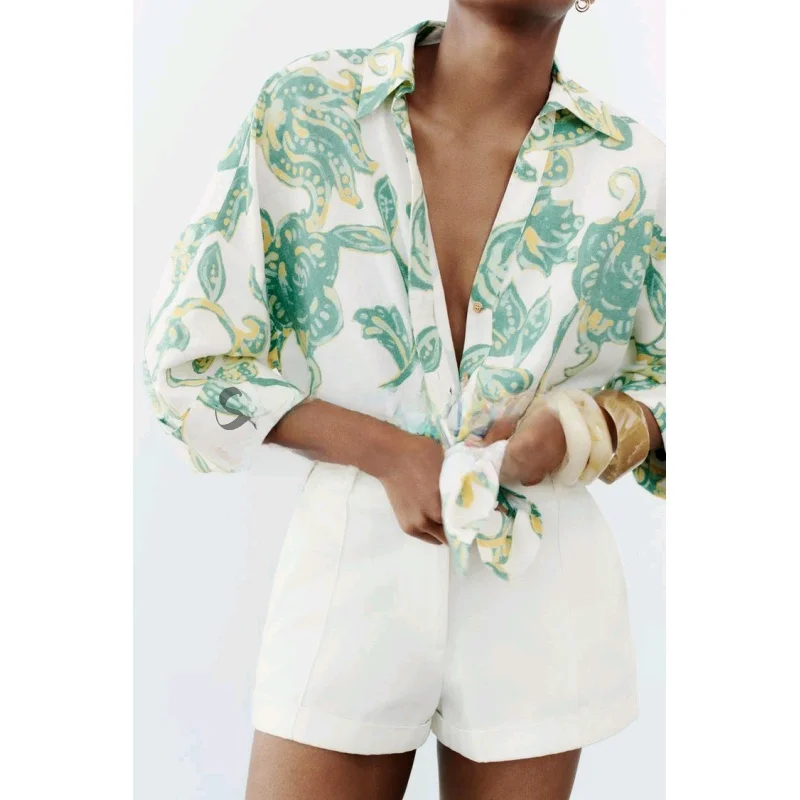 قميص نسائي فاخر بأكمام واسعة فضفاضة على الطراز الهونغ كونغي، تصميم ربيعي جديد بطباعة زهور، أكمام طويلة عادية من ألياف البوليستر