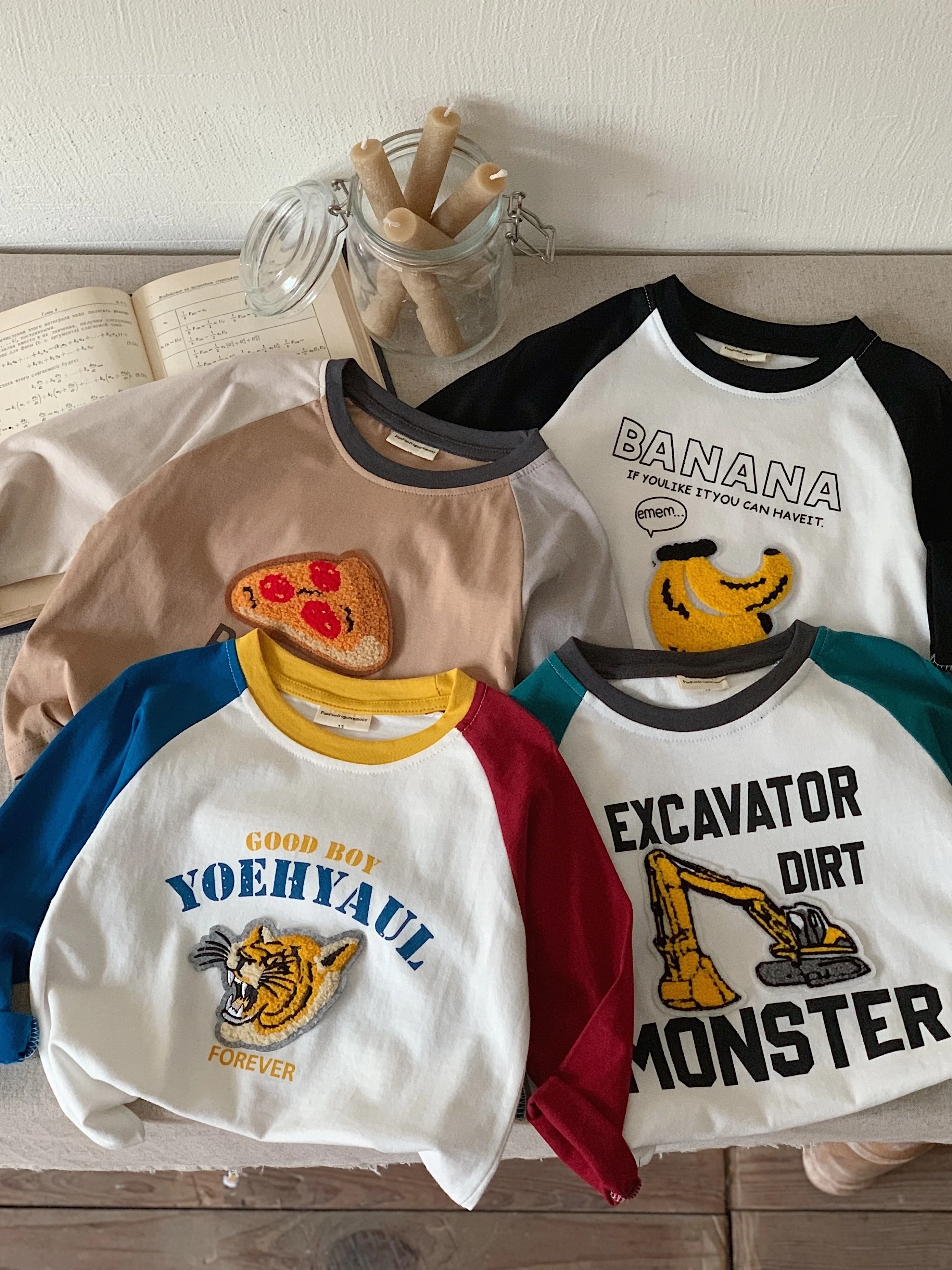 Spring and Autumn Children's Clothing Japanese T-shirt Towel Embroidered Contrast Long Sleeve T-shirt