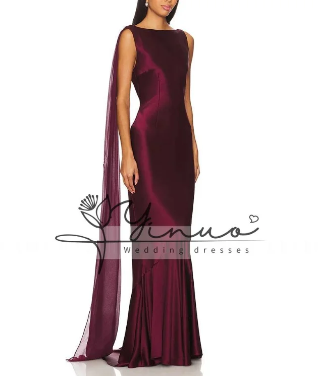 customized Burgundy Mermaid Women's Evening Gown Boat Neck Evening Dress For Wedding Sleeveless Long Backless Formal Dress