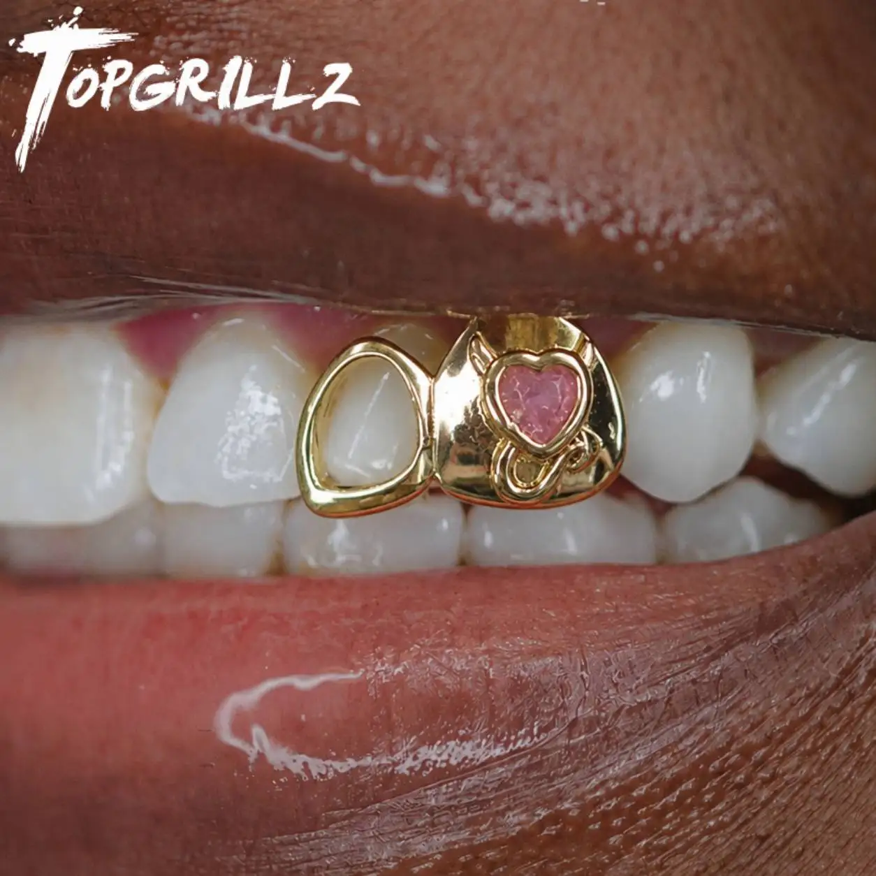 TOPGRILLZ Devil Heart Pink CZ Grillz Y2K Single Tooth Caps Hollow Frame Hip Hop Decorative Teeth Helloween Jewelry Men Women