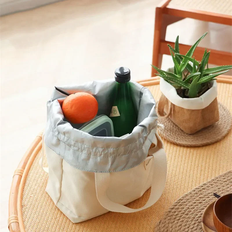 Drawstring Canvas Insulated Lunch Bag Thicken Aluminium Foil Thermal Bento Box Tote Cooler Handbags Picnic Food Dinner Container