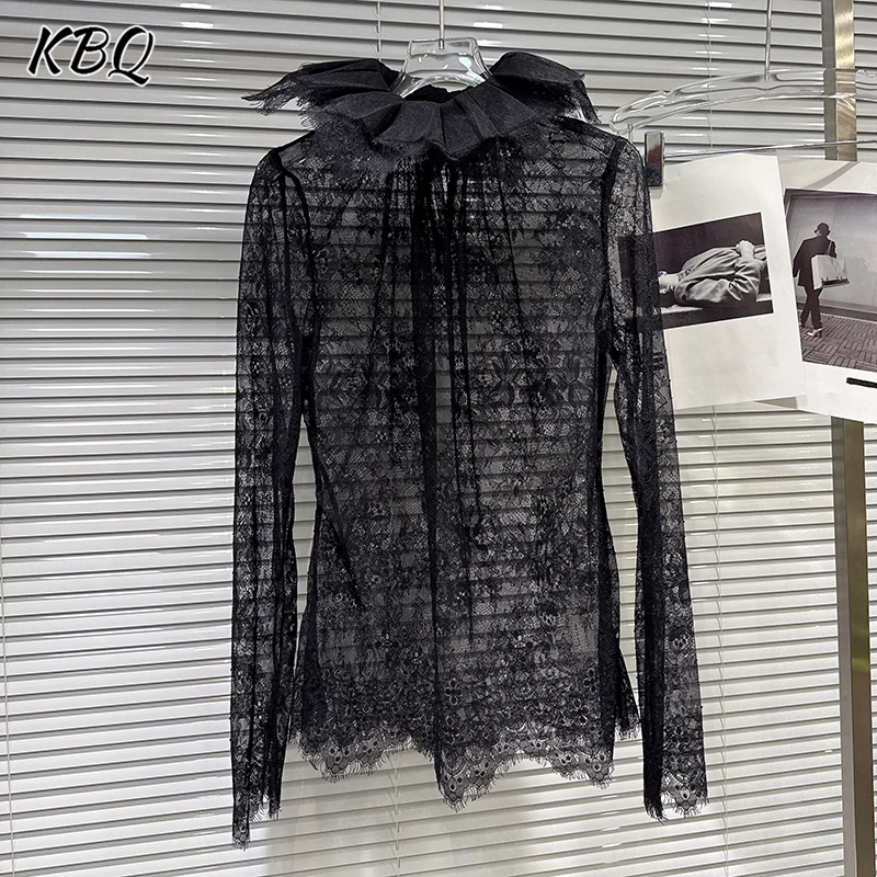 

KBQ Solid Hollow Out Lace Ruffles Blouse for Women Peter Pan Collar Long Sleeve Sexy Slimming Sheer Shirt Female Fashion New