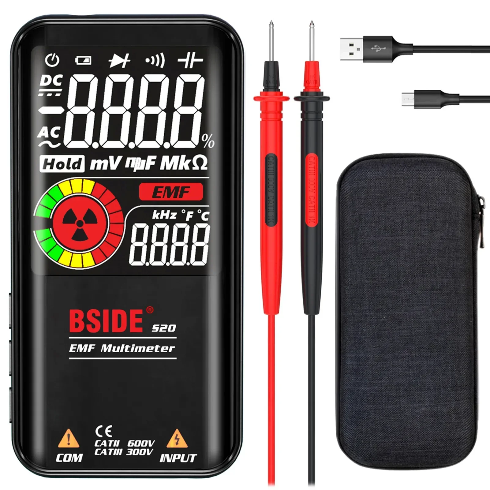 BSIDE S20/S30 Intelligent EMF Multimeter 9999 Counts Rechargeable Meter Radiation Monitor AC/DC Voltmeter Ohmmeter Test