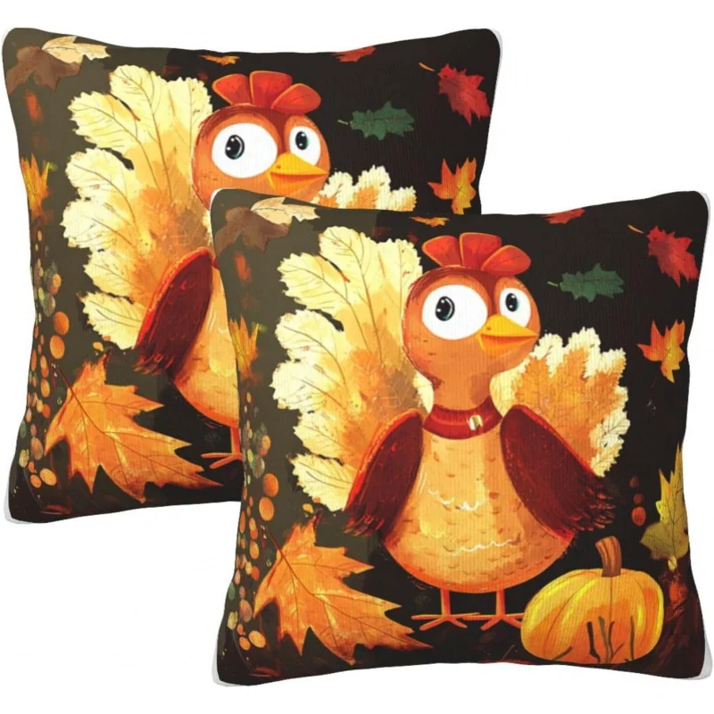 

Thanksgiving Cute Turkey Hug Pillowcase 18x18 Set, 2-piece Autumn Maple Leaf Decorative Pillowcase